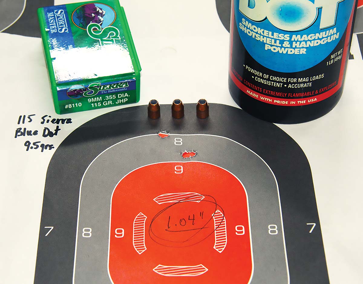 Sierra’s 115-grain SportsMaster HP, combined with 9.5 grains of Alliant Blue Dot, sent three shots into 1.04 inches at 25 yards. Muzzle velocity was 1,415 fps.